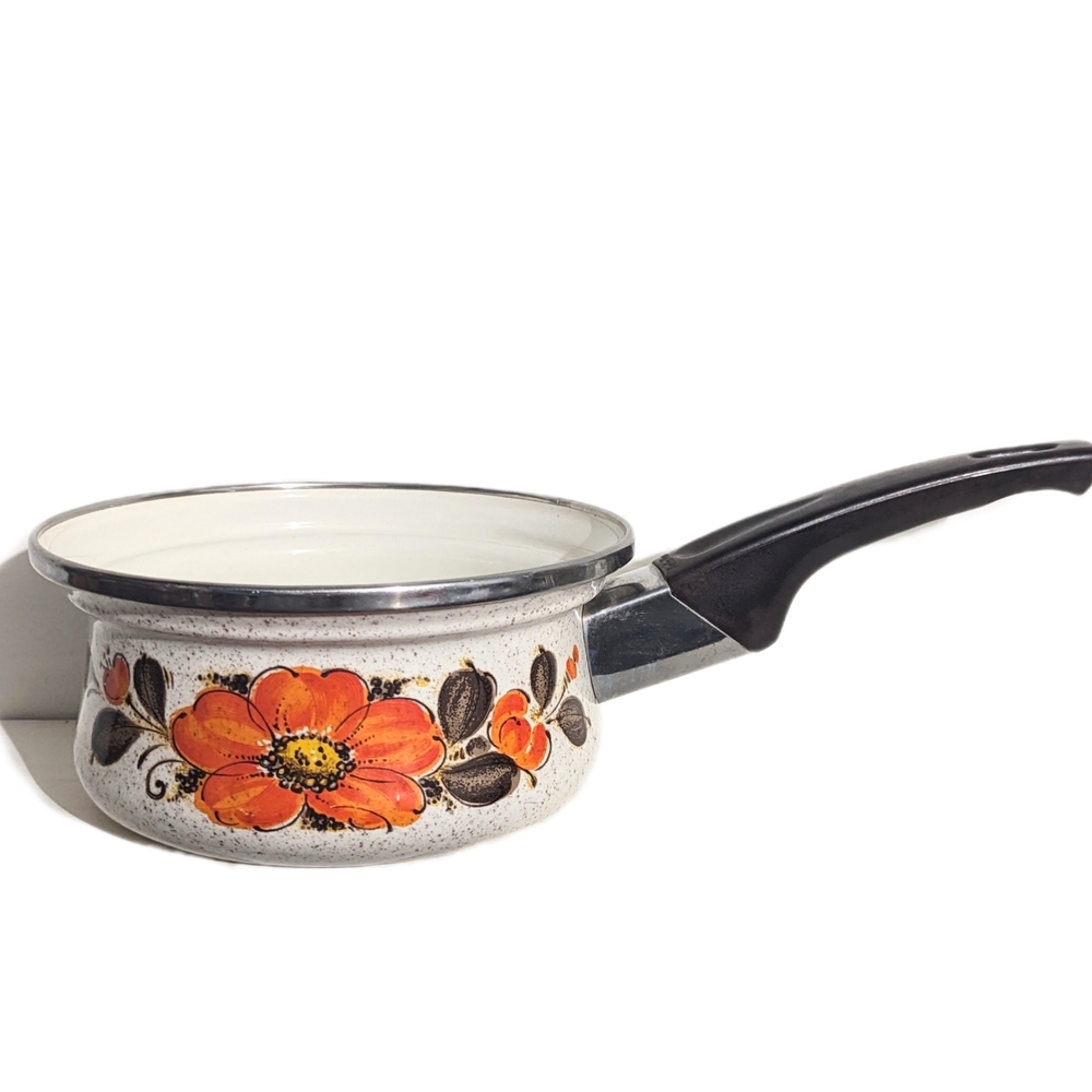 Sanko Ware Show Pans Orange Floral Pot Sanko Ware Vintage Pot Speckled 70s 6.5